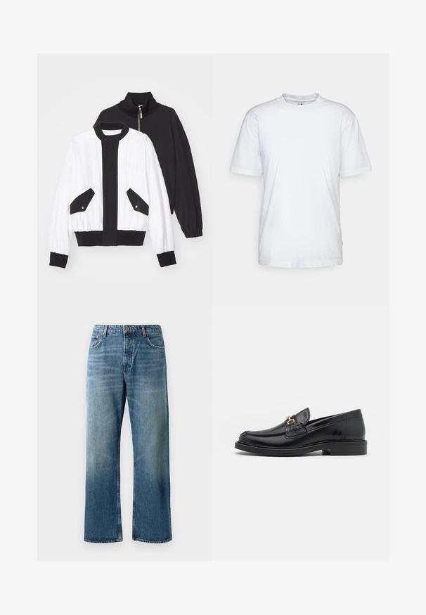 Fekete-fehér cropped dzseki, fekete cipzáras gallérral, két elülső zsebbel, patentgombokkal, valamint bordás szegéllyel és mandzsettákkal.; Fehér pamut póló kerek nyakkal, rövid ujjú és egyenes aljjal. Bal oldalon egy kis márkacímke található.; Világoskék, széles szárú farmer, elhasználódott mosással, egy gombos záródással, öt zsebbel és kontrasztos varrással.; Fekete bőr loaferek, lekerekített orral, aranyszínű fémrész és varrási részletek díszítik, alacsony, strukturált gumitalpon.