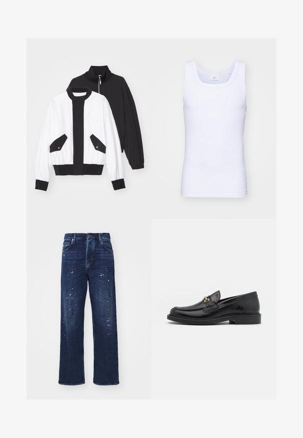 Musta-valkoinen lyhyt takki, jossa on musta vetoketjukuulu, kaksi etutaskua, joissa on nepparit, sekä ribattua helmaa ja hihansuita.; Valkoinen puuvillainen hihaton toppi, jossa on pyöreä pääntie. Topissa on sileä pinta ja se on muotoiltu istuvaksi, suunniteltu rentoon käyttöön.; Tummansiniset farkut, joissa on väljät lahkeet, suora leikkaus ja valkoisia maalisirotteita etuosassa. Klassinen viiden taskun muotoilu.; Musta nahkainen loafers-tyylinen kengät, joissa on pyöreä kärki, kultaiset yksityiskohdat ja ompelutiedot, asetettu matalalle, teksturoidulle kumipohjalle.