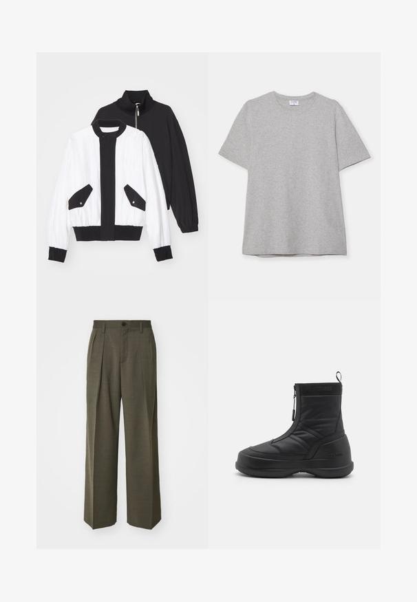 Chaqueta recortada en blanco y negro con un cuello negro con cremallera, dos bolsillos frontales con botones a presión y un dobladillo y puños acanalados.; Camiseta gris de manga corta hecha de una tela suave y texturizada. Presenta un cuello redondo clásico y un dobladillo recto, adecuada para uso casual.; Filippa K WIDE TROUSERS - Pantalones - driftwood; Botas de nieve impermeables negras con un upper sintético liso, cierre con cremallera, cuello acolchado y suela de goma texturizada. Acentuadas con la marca "MOON BOOT".