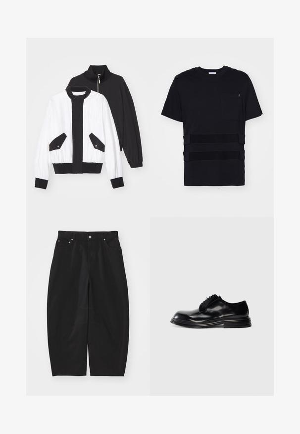 Czarna i biała kurtka cropped z czarnym kołnierzem na zamek błyskawiczny, dwiema przednimi kieszeniami z napami oraz prążkowanym dołem i mankietami.; Czarna koszulka z okrągłym dekoltem, krótkimi rękawami, kieszonką na piersi oraz trzema poziomymi czarnymi rzepami na przedzie. Gładka tekstura.; Helmut Lang - Jeansy Relaxed Fit; Czarne skórzane buty wizytowe z zaokrąglonym noskiem, gładkim wykończeniem, sznurowanym zapięciem i warstwowym obcasem. Minimalistyczny styl bez widocznych logo.