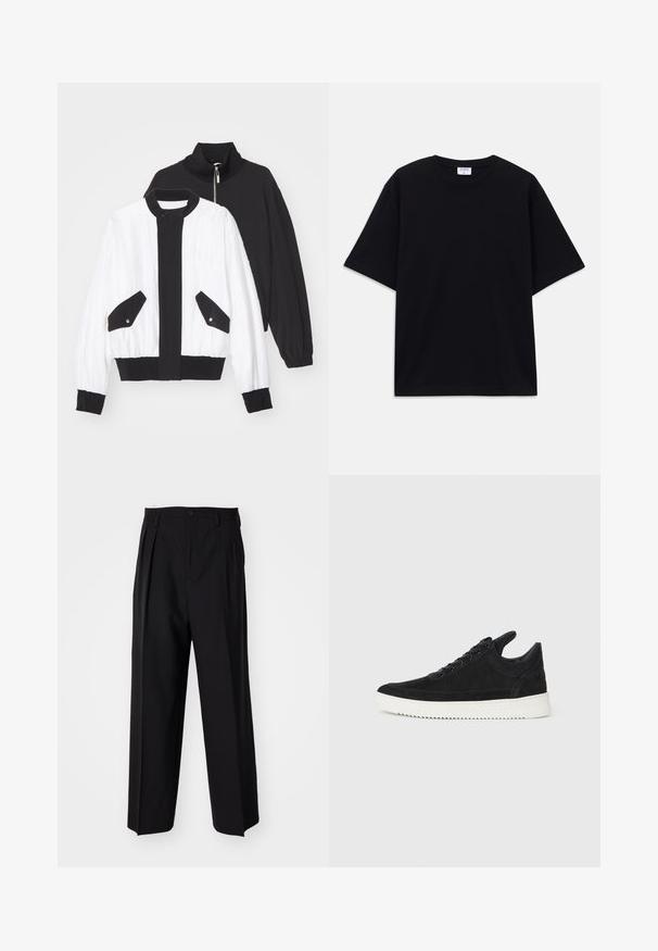 Čierno-biely skrátený kabát s čiernym zipsovým golierom, dvoma prednými vreckami so cvokmi a ribbed lemom a manžetami.; Čierne nadrozmerné tričko s krátkym rukávom a okrúhlym výstrihom, s viditeľnou značkovou etikou Filippa K vo vnútri goliera.; Čierne skladané nohavice s rovnom, širokým strihom. Vyrobené z hladkého materiálu, s gombíkovým zapínaním a pútkami na opasok.; čierne semišové tenisky s bielou gumovou podrážkou, s tonálnym prešívaním a šnurovaním. Hladká textúra s moderným, zjednodušeným tvarom.