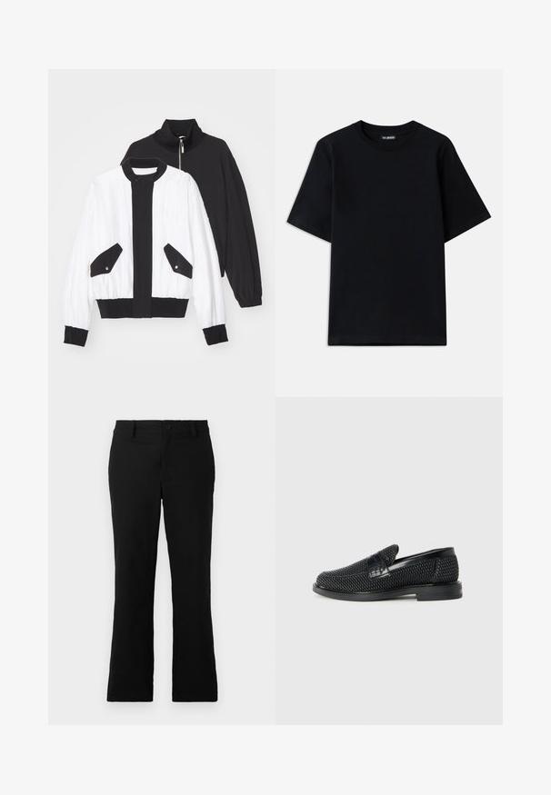 Schwarze und weiße, taillierte Jacke mit einem schwarzen Reißverschlusskragen, zwei Vordertaschen mit Druckknöpfen sowie einem gerippten Saum und Bündchen.; Schwarzes Baumwoll-T-Shirt mit Rundhalsausschnitt und kurzen Ärmeln. Verfügt über eine dezente Logo-Stickerei auf der linken Brust. Flaue, glatte Textur.; Schwarze, weit geschnittene Hosen aus einem Baumwollgemisch, mit einem Knopfverschluss, Gürtelschlaufen und einer glatten Textur ohne sichtbare Muster.; Schwarzer geflochtener Slipper mit einem glatten Lederakzent im Obermaterial, einem runden Zehendesign und einer flachen Gummisohle.