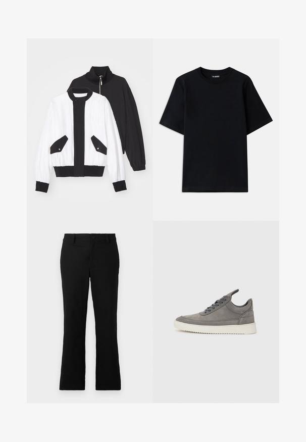 Fekete-fehér cropped dzseki, fekete cipzáras gallérral, két elülső zsebbel, patentgombokkal, valamint bordás szegéllyel és mandzsettákkal.; Fekete pamut póló klasszikus nyakkivágással és rövid ujjal. Diszkrét logó hímezve a bal mellen. Simább, sima felület.; Fekete, harang fazonú nadrág, pamut keverékből készült, gombos záródással, övhurkokkal és sima textúrával, látható minták nélkül.; Szürke velúr sportcipő struktúrált felülettel, fehér gumitalppal, kerek fűzőkkel és alacsony szárú dizájnnal.