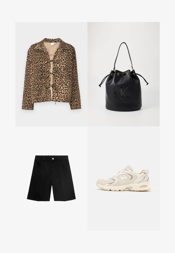 Jakna z leopardjim vzorcem, mehak material, kvadratna oblika, dolgi rokavi, ovratnik, zaveza spredaj, tople odtenke rjave in črne, gladka tekstura.; Bela skrajšana majica iz rebraste tkanine. Ima okroglo izreznico in kratke rokave. Črn vezen "cK" logotip na prsih.; Črne jeans kratke hlače z ravnim krojem, petimi žepi in srebrnim gumbom za zapiranje. Gladka tekstura z minimalnimi detajli šivanja.; Bež športni čevlji z mrežasto in sintetično oblogo, ki imajo teksturirano površino, podložen ovratnik in 'ABZORB' blaženje v peti.; Črna usnjena torba v obliki zaboja z vrvico za zapiranje, ki ima na sprednji strani sijajni logo "CK" in zlate kovinske dodatke.