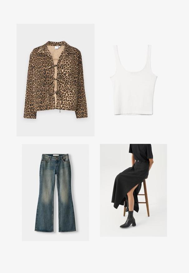 Kabát s leopardím potiskem, měkká látka, kvadratický střih, dlouhé rukávy, límec, přední svázání, teplé odstíny hnědé a černé, hladká textura.; Bílý bavlněný top bez rukávů s kulatým výstřihem a přiléhavým střihem. Hladká textilie, jednoduchý design a minimální švy.; Modré zvonové džíny se zesvětleným práním, pěti kapsami a zapínáním na knoflík. Materiál vykazuje denimovou strukturu s jemnými detaily šití.; Černá maxi sukně z lnu s vysokým rozparkem, nošená s černým tričkem a černými kotníkovými botami. Minimalistický design s volným střihem.