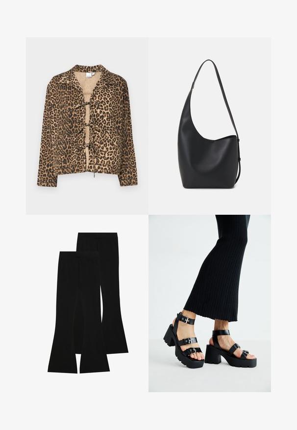 Luipaardprint jack, zachte stof, boxy vorm, lange mouwen, kraag, sluiting met voorste knoop, warme tinten van bruin en zwart, gladde textuur.; Twee langemouwen shirts: een zwarte en een witte. Beide hebben een ronde hals, raglanmouwen en zijn gemaakt van een zachte katoenmix.; Zwarte flared broeken gemaakt van rekbare stof, met een hoge tailleband en een gladde textuur, met een aansluitend ontwerp dat vanaf de knie uitloopt.; Zwarte platform sandalen met dikke, grofgevormde zolen en meerdere bandjes, voorzien van metalen gespen en een gladde leerachtige textuur.; Zwarte leren hobo tas met een gladde textuur, kromme vorm en een enkele verstelbare schouderband; heeft een brede opening aan de bovenkant.