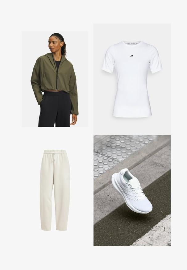 Izgriezta, olīvu zaļa jaka ar kapuci, ar priekšējo rāvējslēdzēju un garām piedurknēm. Saskaņota ar melniem adidas biksēm ar elastīgu jostu.; Balts sporta krekls ar īsām piedurknēm, izgatavots no gludas, elastīgas auduma. Uz krūšu ir neliels melns Adidas logo.; Gai bēšas sporta bikses, kas izgatavotas no mīkstas auduma, ar elastīgu jostu un auklu, un ar smalku logotipa akcentu sānos.; Balta sporta apava, kas izgatavota no acu materiāla, ar sasaistes dizainu un teksturētu zoli. Redzamas smalkas zīmola detaļas un bezšuvju konstrukcija.