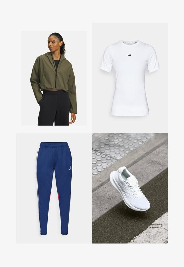 Skraťená olivovo zelená bunda s kapucňou, so zapínaním na zips a dlhými rukávmi. Skombinovaná s čiernymi teplákmi na gumový pás.; Biela športová tričko s krátkymi rukávmi, vyrobené z hladkej, elastickej tkaniny. Obsahuje malé čierne logo Adidas na hrudi.; Námořnické tepláky s bílými bočními pruhy, elastickým pasem a červenými akcenty poblíž lemu. Vyrobené z hladké, lehké látky.; Biele športové topánky s vrchnou časťou z sieťoviny, šnurovacia konštrukcia a textúrovaná podrážka. Zosilnené značkovanie a čisté detaily konštrukcie sú viditeľné.