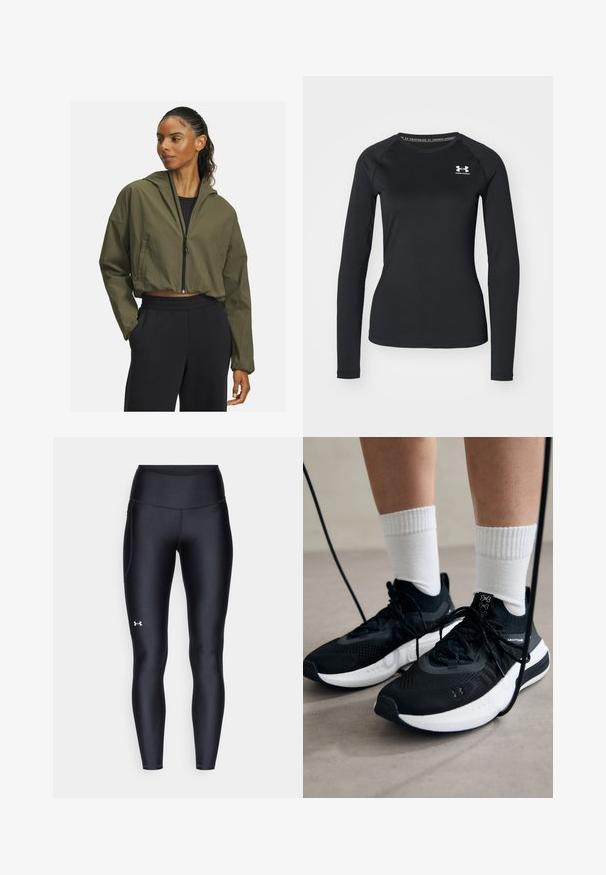 Veste verte olive, courte, avec capuche, présentant une fermeture éclair à l'avant et des manches longues. Associée à un pantalon de survêtement noir à taille élastique.; T-shirt de sport noir à manches longues en tissu lisse, avec un col rond et un petit logo blanc sur la poitrine gauche.; Leggings noirs en matière lisse et extensible avec une taille haute. Présentent un logo blanc sur la cuisse gauche et un design ajusté.; Chaussures de sport noires en tissu texturé, avec une semelle blanche et des lacets noirs. Portées avec des chaussettes blanches côtelées, debout sur une surface claire.