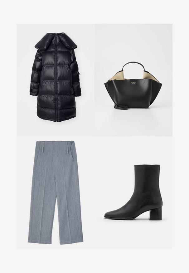 Melns pūkains mētelis ar lielu apkakli, kurā ir kvadrāta šūtojumi, centrāls rāvējslēdzis un elastīgas aproces. Gluda, spīdīga auduma struktūra.; Melnas ilgas piedurknes krekls, kas izgatavots no mīksta auduma, ar apaļu kakla izgriezumu un brīvu piegriezumu, ar sānu šķēlumiem apakšmalā, lai nodrošinātu ērtu kustību.; Gai pelēki, platā kāju bikses, kas izgatavotas no teksturēta auduma, ar diviem priekšējiem krokām un divām sānu kabatām. Tīrs, šūts dizains.; Melnas ādas potīšu zābaki ar norādītu pirkstu un masīvu kvadrātveida papēdi. Gluda tekstūra ar bezšuvju dizainu un minimālistisku šuvēm.; Ree Projects ANN TOTE MINI - Rokassoma - black