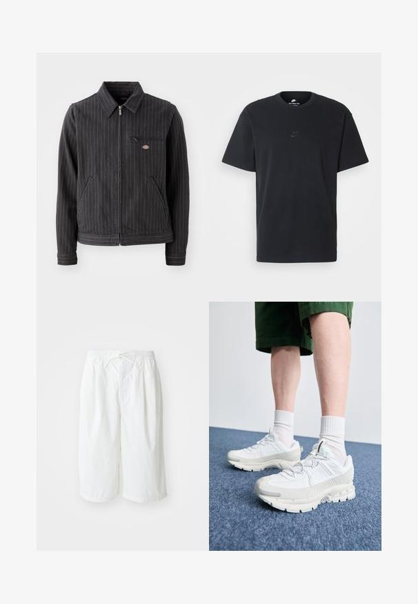 Mustlindiga mustriga jakk, mis on valmistatud vastupidavast kangast. Omab kraed, lukku, eesmist taskut ja väikest logo rindade taskul.; Nike musta mustast puuvillast T-särk klassikalise ümmarguse kaelusega, lühikeste varrukatega ja õrna, reljeefse logoga rinnal. Sile tekstuur.; Valged lühikesed püksid elastse vöökohtaga ja nööridega, esitatud lihtsa helehalli tausta ees. Sobivad igapäevaseks kandmiseks või sooja ilmaga.; Valged sportsijalatsid tekstuursete pealsete, kopsaka tallaga ja hallide aktsentidega. Kanda valgete lühikeste sokkidega ja roheliste lühikeste pükstega sinisel pinnal.