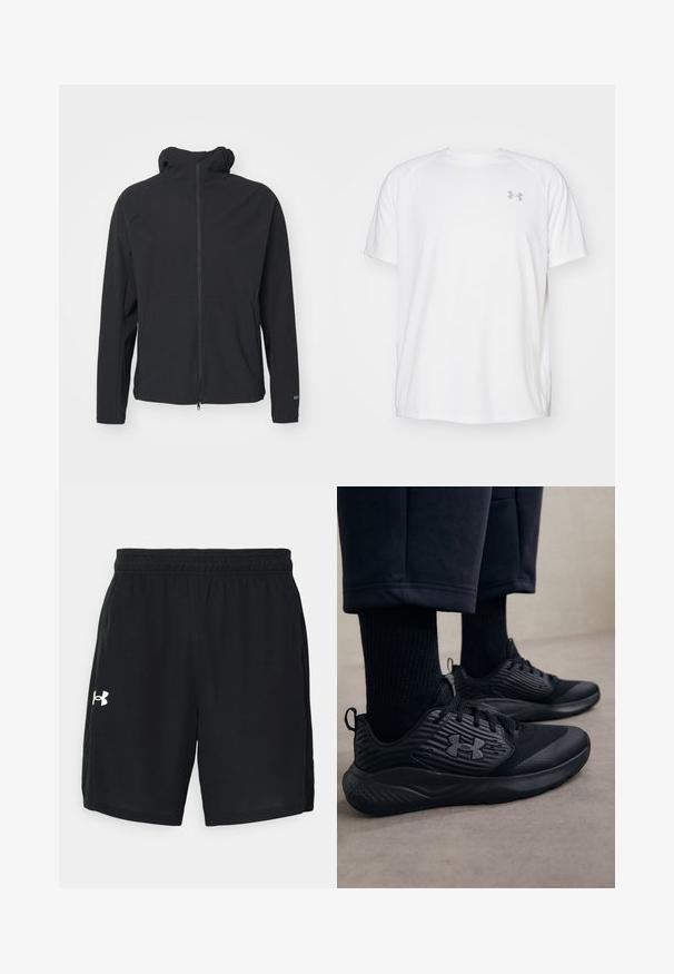 Schwarze Zip-Jacke mit Kapuze, aus einem glatten, flexiblen Stoff gefertigt. Verfügt über lange Ärmel und ein minimalistisches Design ohne Verzierungen.; Weißes kurzärmeliges Sportshirt aus glattem Material. Mit Rundhalsausschnitt und grauem Logo auf der linken Brust, sowie seitlichen Schlitzen am Saum.; Schwarze Sportshorts aus leichtem Material mit elastischem Bund und einem weißen Logo auf der linken Seite.; Person in schwarzen Sport Sneakers mit strukturierten Seiten und Logo, kombiniert mit schwarzen Socken und kürzeren Hosen auf einem hellen Boden.