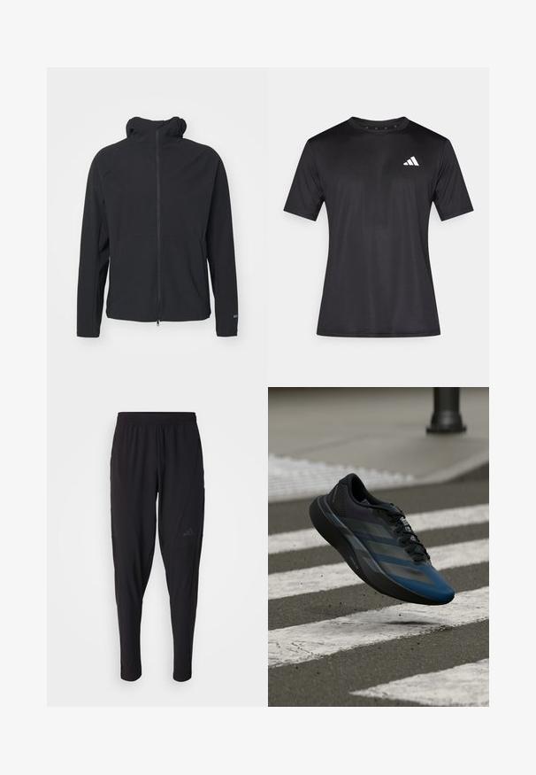 Must mustaga jackets, milledega sileda, painduva kangaga. Ajal on pikad varrukad ja minimalistik disain ilma kaunistusteta.; Must spordisärk, mis on valmistatud kerge võrgukangast, lühikeste varrukatega ja vasakul rinnal valge logoga.; Mustad mustat spordipüksid elastse vöökohtaga, kitseneva disaini, küljetaskute ja peene logodetailiga. Valmistatud paindlikust ja hingavast kangast.; Must ja sinine spordijalats voolava disainiga, millel on tekstureeritud üliskihiga, kontrastsed triibud ja pehme tallaga, hõljumas asfaldipinna kohal.