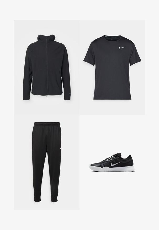 Sort lynlåsjakke med hætte, lavet af et glat og fleksibelt stof. Har lange ærmer og et minimalistisk design uden udsmykninger.; Sort Nike løbe T-shirt lavet af let, åndbart materiale, med korte ærmer og et lille hvidt logo på brystet.; Sorte atletiske bukser lavet af glat stof, med elastisk talje, smalnende ben og et lille hvidt logo på venstre side.; Sort atletiksko med en tekstureret overdel, hvid Nike swoosh og en hvid gummisål. Har en snørret design og dynamisk form.