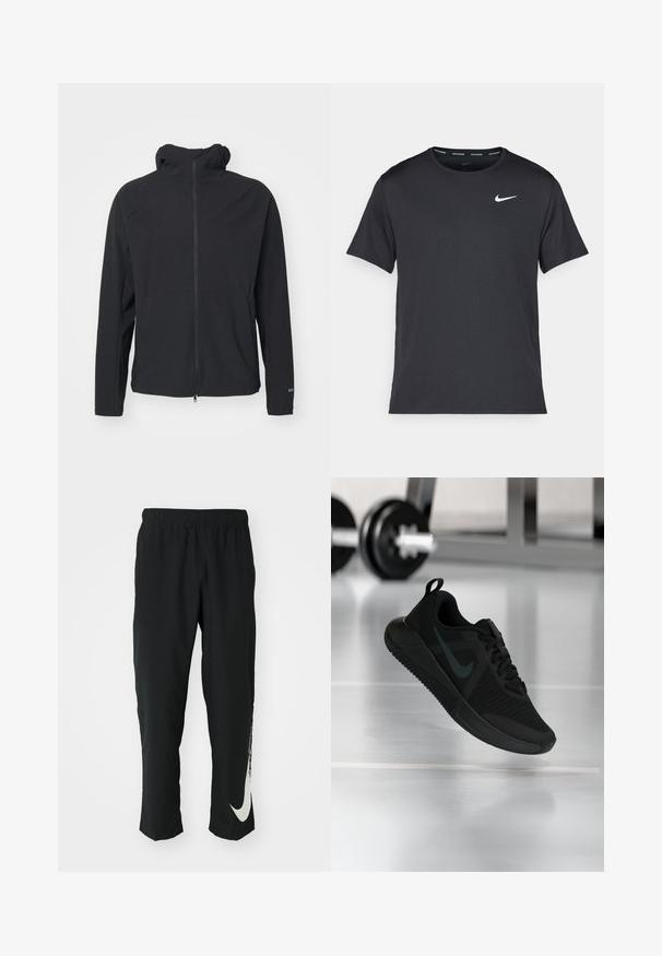 Schwarze Zip-Jacke mit Kapuze, aus einem glatten, flexiblen Stoff gefertigt. Verfügt über lange Ärmel und ein minimalistisches Design ohne Verzierungen.; Schwarzes Nike Lauft-Shirt aus leichtem, atmungsaktivem Material, mit kurzen Ärmeln und einem kleinen weißen Logo auf der Brust.; Schwarze Sporthose mit elastischem Bund und taillierter Passform, auf der linken Beinschulter befindet sich ein großes weißes Nike-Logo. Weicher, leichter Stoff.; Schwarzer Sportschuh mit strukturiertem Mesh-Obermaterial, Gummisohle und auffälligem dunklem Swoosh-Logo. Verfügt über einen gepolsterten Kragen und eine Schnürung.