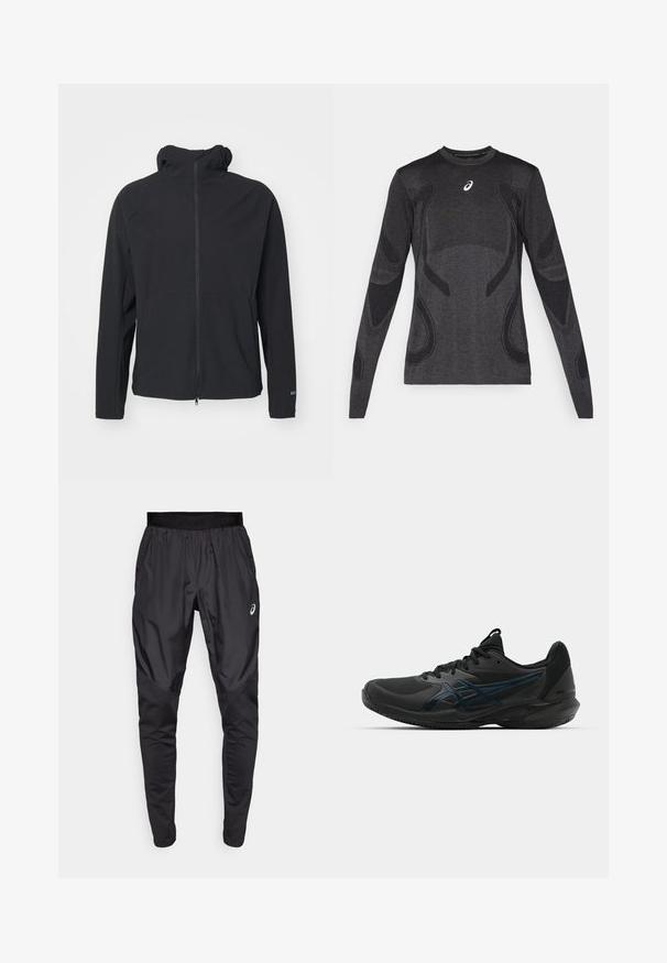 Sort lynlåsjakke med hætte, lavet af et glat og fleksibelt stof. Har lange ærmer og et minimalistisk design uden udsmykninger.; Langærmet atletisk top i mørkegrå, med teksturerede designelementer i en lysere grå. Crew-neklinje med logo på brystet.; Sorte træningsbukser med en strækbar talje, sidelommer og kontrasterende teksturpaneler på benene. Asics-logo på hoften.; ASICS SOLUTION SPEED FF 3 CLAY - Tennissko til grusbane - black/prism blue