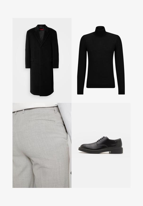 HUGO MALD - Cappotto classico - black; Maglione a collo alto nero realizzato in materiale morbido, con maniche lunghe e vestibilità aderente. Bordo a coste all'orlo e ai polsini. Design semplice.; Pantaloni sartoriali grigio chiaro realizzati in tessuto strutturato, con una tasca posteriore singola e cuciture pulite.; Scarpa nera in pelle con lacci, punta tonda, texture liscia, cuciture minime e tacco in gomma basso. Logo sul tacco.