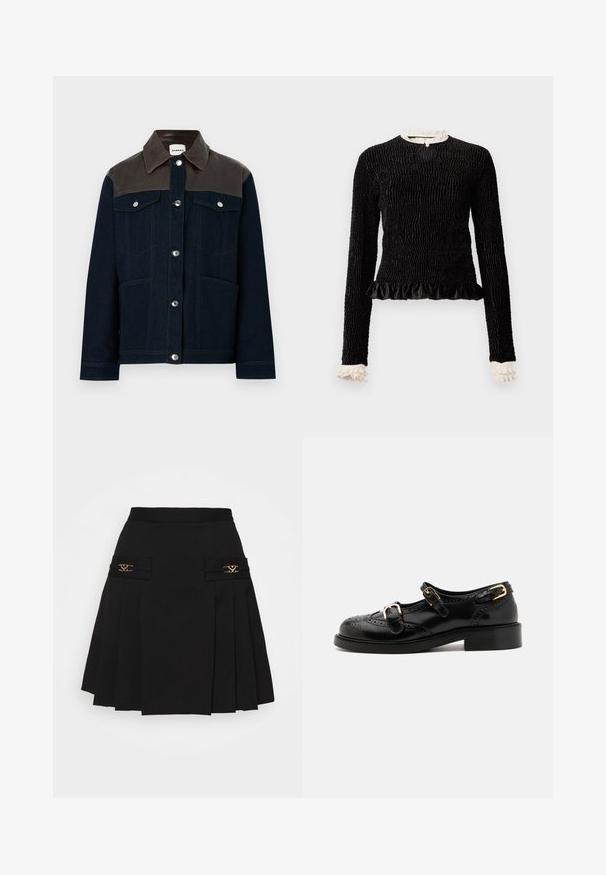 Kurtka dżinsowa z ciemnoniebieską korpusą, brązowym skórzanym yoke na ramionach, srebrnymi napami, dwiema kieszeniami na piersi oraz kontrastowymi detalami przeszyć.; Czarny top z długim rękawem, z teksturowanej tkaniny, z falbaną na dolnym brzegu oraz białymi falbankami przy kołnierzyku i mankietach. Posiada centralne zapięcie na pętelkę.; Czarna plisowana spódnica z złotymi akcentami. Posiada boczne kieszenie z logo, wykonana z gładkiego materiału. Sylwetka w kształcie litery A.; Czarne skórzane buty z detalami brogu, z dwoma klamrami, okrągłym noskiem i niskim obcasem. Gładka tekstura z błyszczącym wykończeniem.