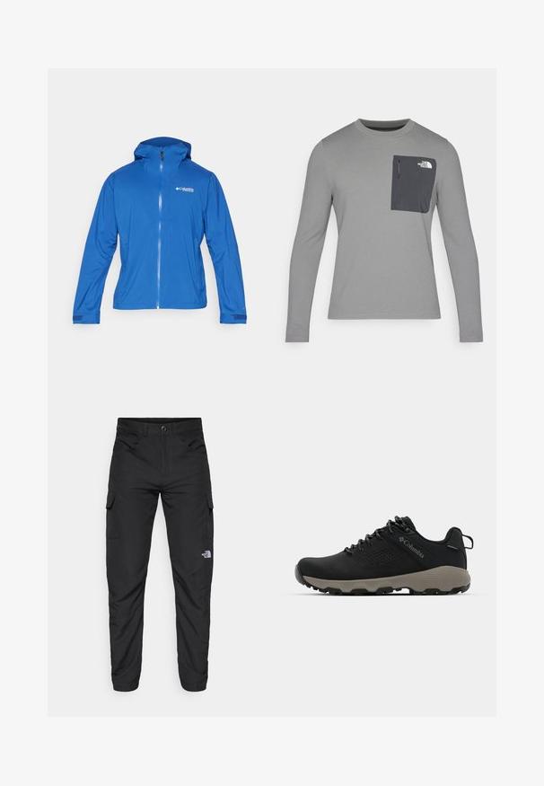 Blå vanntett jakke med hette, hel frontglidelås, elastiske mansjetter, og "Columbia Titanium"-logo. Lett, glatt tekstur.; Langermet grå skjorte med strukturert stoff, med en mørk grå brystlomme og glidelås. Logo på lommen i hvitt.; The North Face HORIZON PANT - Friluftsbukser - black; Svart tursko med glatt overdel, perforert design, grå såle og forsterket hæl. Har snøringer og en pull-tab for enkel påkledning.