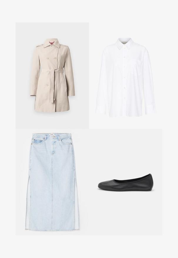Bež trenč kaput od glatkog materijala, s dvostrukim kopčanjem naprijed, pojasom u struku, epauletima na ramenima i dugim rukavima.; Bijela košulja dugih rukava s kragnom, izrađena od pamuka. Ima kopčanje s gumbima sprijeda i jednu džep na prsima. Glatka tekstura, ležeran kroj.; Svijetloplava traper maxi suknja ravnog kroja, sa bočnim izrezima i dizajnom sa pet džepova. Istaknuto šivanje i metalno zatvaranje s dugmetom.; Crne kožne baletanke s zaobljenim vrhom, glatke teksture, minimalnim detaljima šavova i fleksibilnim dizajnom potplata.