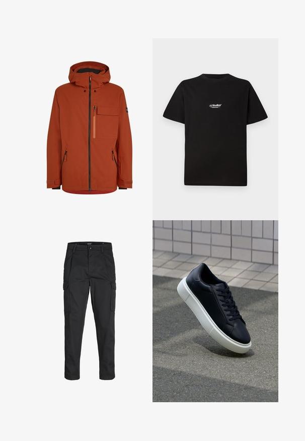 Punane välikattega jakk, millel on ees lukuga sulejope, mitu lukuga taskut ja reguleeritavad randme mansetid. Sile, veekindel kangas.; Must mustan puuvillane t-särk ümmarguse kaeluse ja lühikeste varrukatega. Ees on valge "JJ Studios" logo ülemisel rinnapiiril.; Mustad mustapõlvik, mis on valmistatud tugeva koe kasutades, sisaldab mitmeid taskuid, nupule kinnitatav sulgemine ja kitsenev disain.; Mustast nahast tennisetoss, millel on ümar nina ja valge kummist tall. Omab siredaid paelu ja minimaalset õmblemist ülemises osas. Tekstuuriga tald, mis tagab haakuvuse.