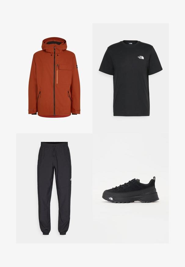 Vörös kültéri dzseki kapucnival, elülső zipzárral, több cipzáros zsebbel és állítható ujjak mandzsettával. Simább, vízlepergető anyag.; Fekete pamut póló, rövid ujjú, kerek nyakkivágással és egy kis fehér logóval a bal mellrészen. Egyszerű dizájn, sima textúra és laza fazon.; Fekete sportnadrág, könnyű anyagból készült, húzózsinóros derékkal, oldalsó zsebekkel és szűkített szárakkal a bokáknál.; Fekete kültéri sneaker velúr felsőrésszel, texturált gumitalppal és strapabíró fűzőrendszerrel. Megerősített sarkú és oldalán márkalogóval rendelkezik.