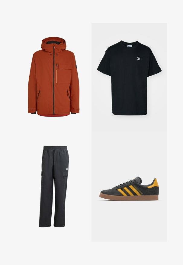 Sarkans āra jaka ar kapuci, ar priekšējo rāvējslēdzēju, vairākiem rāvējslēdzēja kabatām un regulējamiem piedurkņu galiem. Gluda, ūdensnecaurlaidīga auduma.; Melnā kokvilnas T-kreklā ar apaļu kakla izgriezumu un īsām piedurknēm, kurā ir neliela balta Adidas logo kreisajā krūtīs.; Melni cargo bikses ar elastīgu jostasvietu, divām sānu kabatām un diskrētu logotipu kreisajā augšstilbā. Izgatavotas no viegla auduma.; Melnas zamšādas kedas ar dzelteniem akcentiem, kurām ir trīs svītras un brūna gumijas zole. Iekļauta mīksta valkāšanas tongue komfortam.