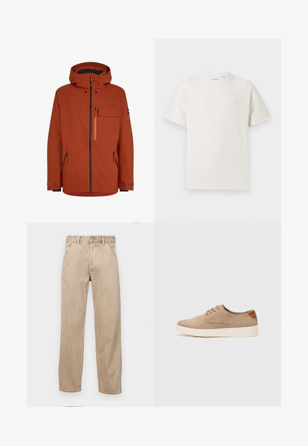 Rote Outdoor-Jacke mit Kapuze, ausgestattet mit einem Frontreißverschluss, mehreren Reißverschlusstaschen und verstellbaren Ärmelbündchen. Glattes, wasserabweisendes Material.; Weißes T-Shirt mit kurzen Ärmeln in gerippter Textur. Runder Ausschnitt, lockere Passform, keine sichtbaren Muster oder Akzente. Einfaches und vielseitiges Design.; Beige Denim-Jeans mit geradem Beinschnitt, ausgestattet mit Vordertaschen, einem Metallknopfverschluss und feiner Textur.; Beige Wildleder-Sneaker mit runder Zehenpartie, Schnürung und strukturiertem Rückenteil. Die weiße Gummisohle sorgt für einen Kontrast. Einfaches und modernes Design.