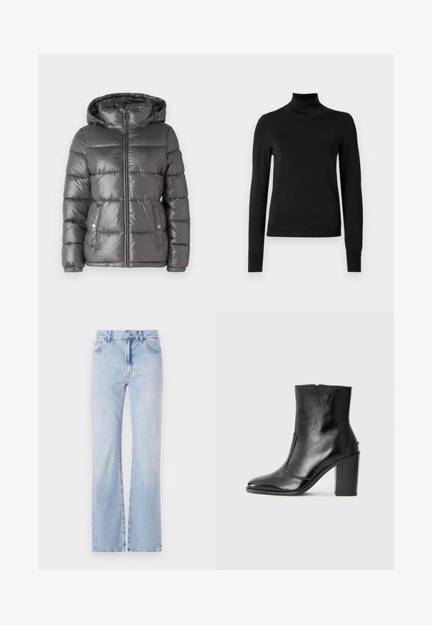 MICHAEL Michael Kors ULTRA LIGHTWEIGHT PUFFER - Žieminė striukė - malachite; Juoda ilgomis rankovėmis turtleneko tipo megztinis su rebruotomis rankovėmis ir apačia, eksponuojamas ant paprasto balto fono.; Šviesiai mėlynos džinsinės kelnės su flared kirpimu, penkių kišenių dizainu, diržo kilputėmis ir sagos uždarymu. Minkšta tekstūra su subtiliu blukimu.; Juodas odinis kulkšninis batas su lygiu paviršiumi, smailiu pirštu ir masyviu aukštu kulnu. Savybė - šoninis atidarymas ir minimalistiškas dizainas.