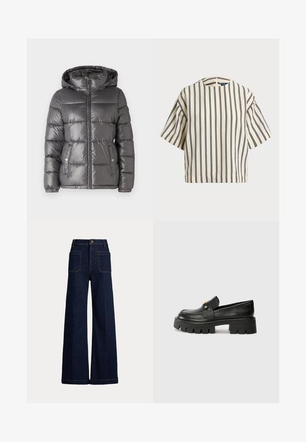 MICHAEL Michael Kors ULTRA LIGHTWEIGHT PUFFER - Winterjacke - malachite; Kurzärmliges, gestreiftes Oberteil in Creme und Marineblau, mit rundem Halsausschnitt und kastiger Form aus strukturiertem Stoff.; Weite, dunkelblaue Jeans mit hohem Bund, Fünf-Taschen-Design und kontrastierenden Nähten. Sie verfügt über einen Knopfverschluss und eine strukturierte Form.; Schwarze Lederloafers mit einer klobigen Sohle, die an der Vorderseite ein goldfarbenes Akzent und eine glatte Oberfläche aufweisen. Klobiges Profil-Design auf der Sohle.