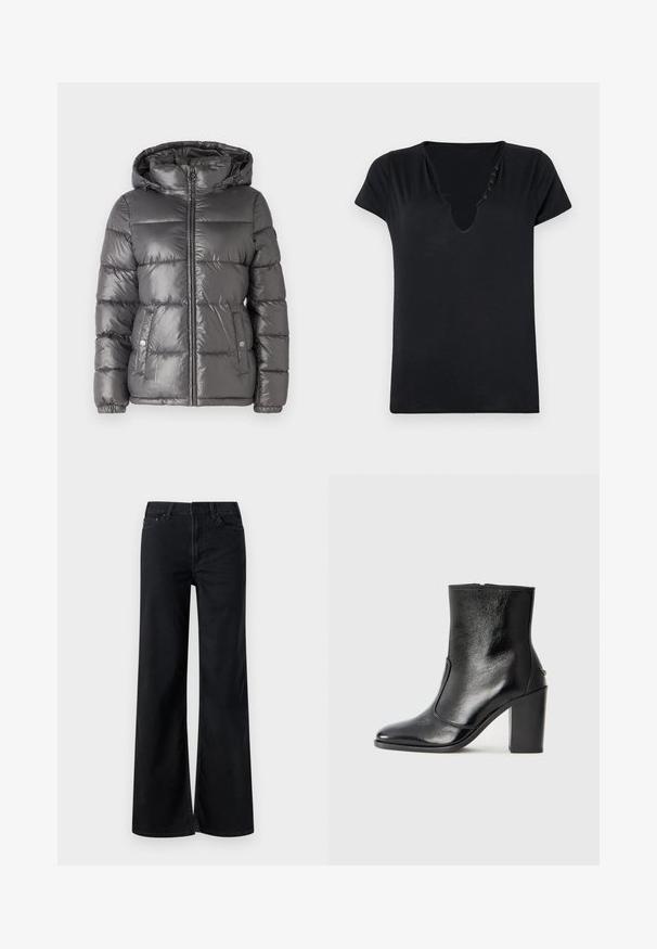 MICHAEL Michael Kors ULTRA LIGHTWEIGHT PUFFER - Zimní bunda - malachite; Černé tričko s krátkým rukávem a hlubokým výstřihem do V, se pěti ozdobnými knoflíky podél výstřihu. Hladká tkanina s volným střihem.; Černé široké džíny vyrobené z denimu. Mají klasický pětikapsový design, zip a jemné švy. Hladká textura.; Černé kožené kotníkové boty s hladkou texturou, špičatou špičkou a robustním vysokým podpatkem. Mají boční otvor a minimalistický design.