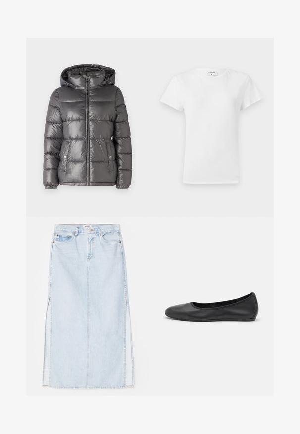 MICHAEL Michael Kors ULTRA LIGHTWEIGHT PUFFER - Winterjas - malachite; Witte katoenen t-shirt met ronde hals en korte mouwen, met een relaxed fit en een minimalistisch ontwerp. Etiket zichtbaar aan de hals.; Lichtblauwe denim maxi rok met een rechte snit, voorzien van zijsplits en een ontwerp met vijf zakken. Opvallende stiksels en metalen knoopsluiting.; Zwarte leren ballerina met een ronde neus, gladde textuur, minimale stikdetails en een flexibele zoolontwerp.