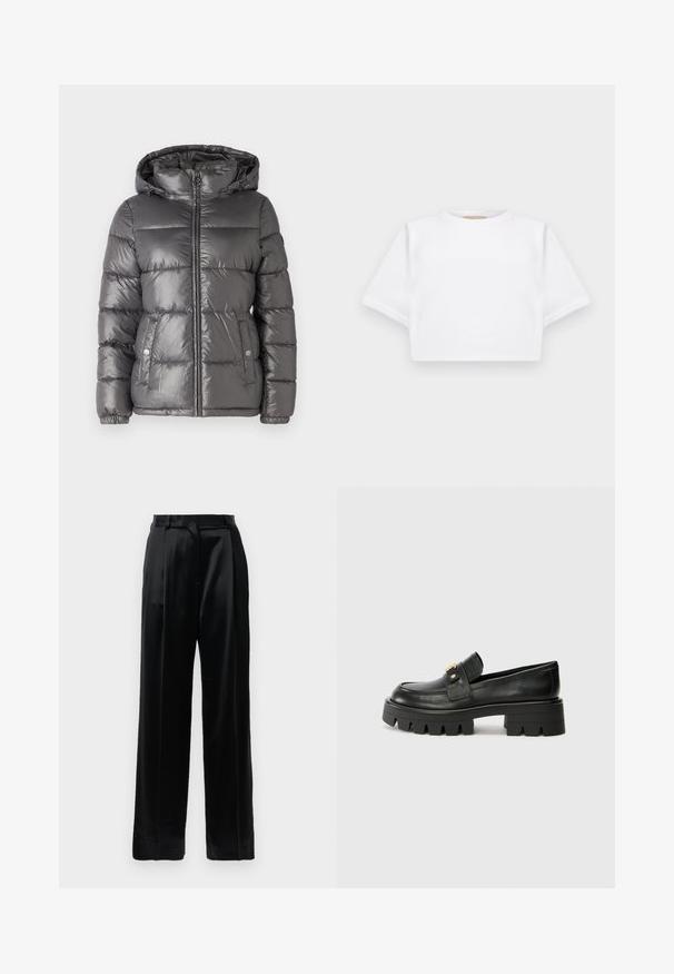 MICHAEL Michael Kors ULTRA LIGHTWEIGHT PUFFER - Talvejope - malachite; Lühikeste varrukatega, pehmest kangast lõigatud valge T-särk, millel on ümar kaelus ja soonikuga ääred. Lihtne ja ilma kaunistusteta disain.; Mustad kõrge vöökohaga satiinstruktuuriga püksid, sirgete laiade jalgadega, vööloopide ja lapiku eeskinni sulgemisega valge tausta ees.; Mustast nahkfrontaalid, millel on paks tald, esiosas kullatooni aksent ja sile viimistlus. Talse paksu mustriga disain.