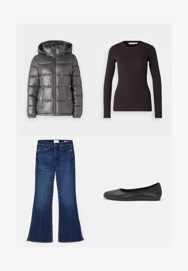 MICHAEL Michael Kors ULTRA LIGHTWEIGHT PUFFER - Vinterjakker - malachite; Langærmet sort top lavet af blødt, strækbart stof. Har en rund halsudskæring og tætsiddende pasform med en glat tekstur og uden synlige mønstre.; Mørkeblå flagrende jeans lavet af denim. Har høj talje, forlommer og splitdetaljer i kanten. Klassisk fem-lomme design.; Sort læderballetsko med rund tå, glat tekstur, minimal syning og et fleksibelt såldesign.