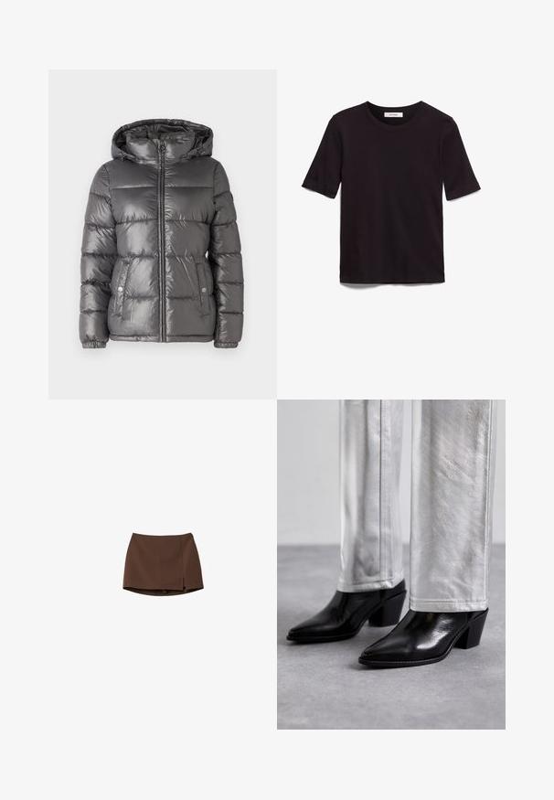 MICHAEL Michael Kors ULTRA LIGHTWEIGHT PUFFER - Giacca invernale - malachite; Maglietta nera a maniche corte in cotone morbido, con scollo rotondo e una texture liscia e uniforme, caratterizzata da un design minimale.; Gonna marrone realizzata in tessuto liscio, con un taglio dritto e una fessura laterale. Design semplice senza motivi o dettagli in metallo.; Stivali neri in pelle fino alla caviglia con punta affilata e tacco a blocco, abbinati a pantaloni argentati lucidi, che mostrano texture eleganti e colori a contrasto.