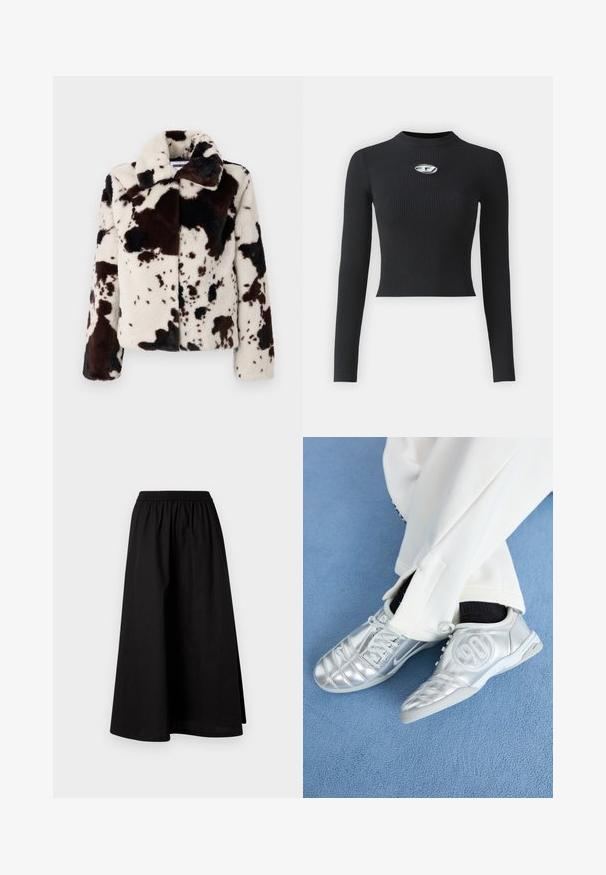 Plašč iz umetnega krzna v kremni in temno rjavi barvi, s potiskom v kravjem vzorcu, širokim ovratnikom in kvadratno obliko z dolgimi rokavi.; Črn rebrast dolg rokav s prilegajočim se silhuetom in okroglo izrezom. Ima osrednji srebrni detajl.; Črna krilo do kolen iz lahkega materiala z elastičnim pasom in sproščenim, A-linijskim krojem. Ne vsebuje vidnih vzorcev.; Srebrni atletski čevlji z gladkim, sijočim zaključkom, z našitim dizajnom in številko 90 na strani, v kombinciji z belimi hlačami.
