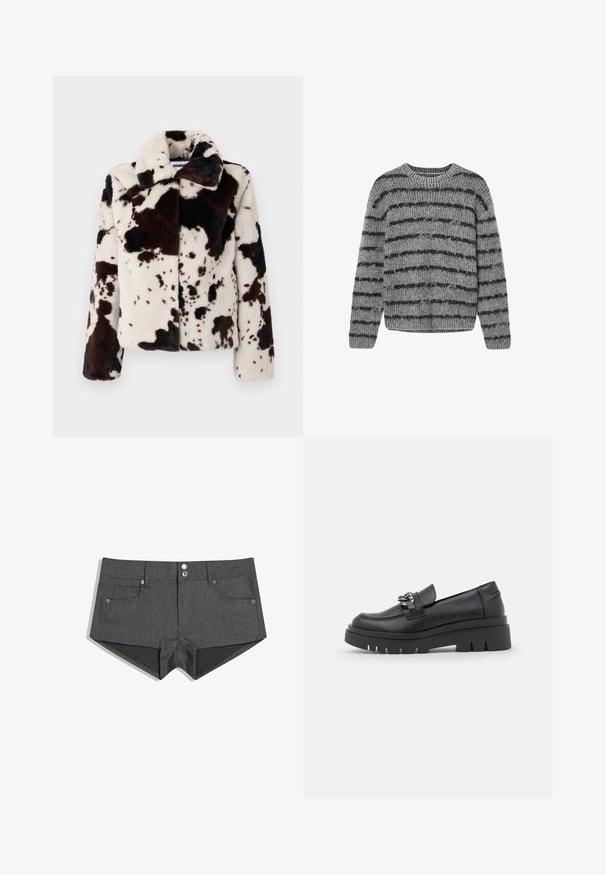 Giacca in pelliccia sintetica di colore crema e marrone scuro, caratterizzata da un motivo a macchie di mucca, un ampio colletto e una forma boxy con maniche lunghe.; Maglione grigio lavorato a maglia con strisce orizzontali nere, collo a giro, e texture a costine. Presenta maniche lunghe e un orlo arrotondato.; Pantaloni shorts in denim grigio con due tasche frontali, doppio bottone anteriore e un design aderente. Il tessuto ha una texture liscia.; Scarpa tipo mocassino nera con suola a pianta spessa, tomaia in pelle liscia, dettaglio decorativo a catena e tacco leggero con particolare incavo.