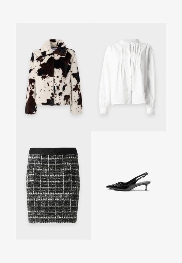 Faux fur jacket in cream and dark brown, featuring a cow print pattern, a wide collar, and a boxy shape with long sleeves.; White long-sleeve blouse with stand collar, vertical pleats on front, button closure, and lace-trimmed cuffs.; Black and white checkered skirt with a textured fabric, featuring a black waistband and a fitted silhouette.; Black leather slingback heels with a pointed toe, small kitten heel, and a decorative knot detail on the front. Smooth texture throughout.