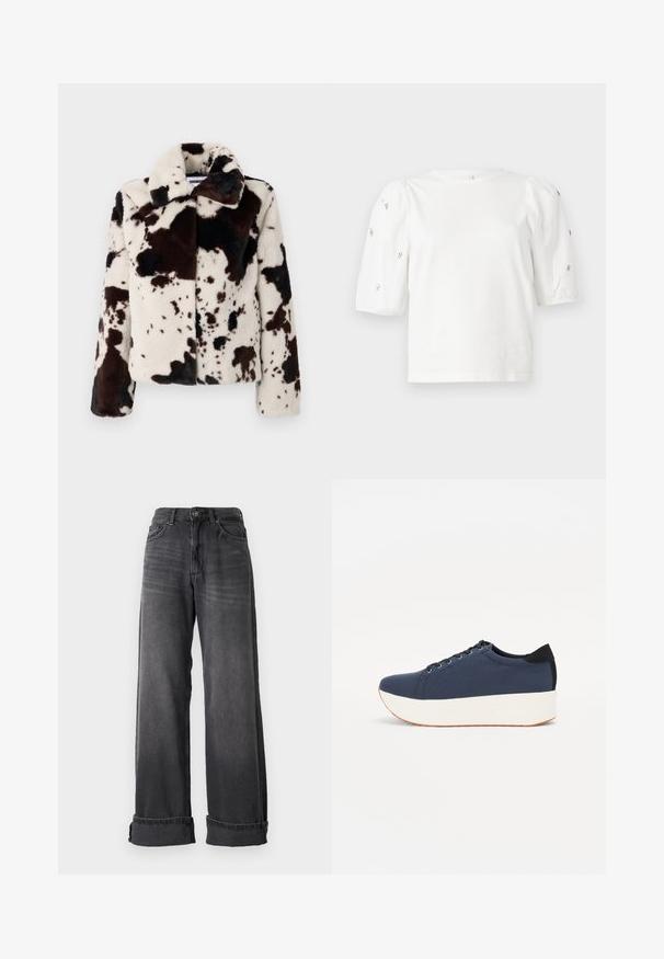 Plašč iz umetnega krzna v kremni in temno rjavi barvi, s potiskom v kravjem vzorcu, širokim ovratnikom in kvadratno obliko z dolgimi rokavi.; Bela bombažna majica s kratkimi rokavi s pufastimi rokavi, ki ima majhne srebrne okrase vzdolž rokavov. Klasičen okrogel izrez, sproščen kroj.; Široke hlače iz temno sive denima, z visokim pasom, petimi žepi in zavihanimi manšetami za dodaten detajl. Gladka tekstura z rahlimi bledi.; Temno modri športni copati z teksturirano zgornjščino, bela platforma, okrogla konica in črn naglas na peti. Imajo šest lukenj za vezalke.