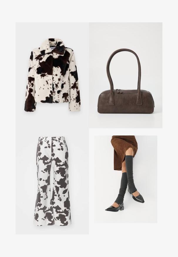 Kurtka z futra ekologicznego w kolorze kremowym i ciemnobrązowym, z wzorem w cętki bydła, szerokim kołnierzem oraz pudełkowym krojem z długimi rękawami.; Brązowy, krótki t-shirt z okrągłym dekoltem, krótkimi rękawami i miękką fakturą. Zaprojektowany w luźnym kroju z minimalnymi detalami.; Spodnie dżinsowe o fasonie dzwonów w kolorze białym z czarnym wzorem w krowie plamy. Posiadają pięć kieszeni, szlufki na pasek oraz zapięcie z przodu na guzik. Tekstura wydaje się solidna.; Czarne lakierowane buty na szpilce z prostokątnym obcasem i paskiem na kostce, zestawione z szarymi prążkowanymi ocieplaczami na nogi oraz brązową zamszową spódnicą.; Brązowa skórzana torebka na ramię z dwoma solidnymi uchwytami, prostokątny kształt, gładka faktura i zamek błyskawiczny. Minimalistyczny design bez widocznych wzorów.