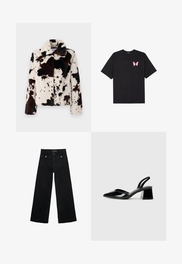 Faux fur jacket in cream and dark brown, featuring a cow print pattern, a wide collar, and a boxy shape with long sleeves.; Black cotton t-shirt with short sleeves, featuring a small pink butterfly graphic on the left chest. Crew neck design with a relaxed fit.; Black wide-leg jeans with a high waist, featuring two front pockets and metal button accents. The fabric has a smooth texture.; Black patent leather slingback heels with a pointed toe and a geometric block heel. Features a sleek, minimal design and smooth texture.