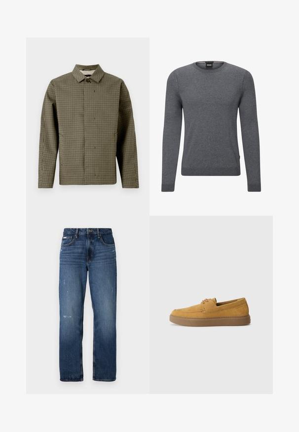 Sako s kostkovaným vzorem houndstooth v olivově zelené a černé, s límečkem, zapínáním na knoflíky a dlouhými rukávy. Hladká textilie.; Šedý svetr s kruhovým výstřihem vyrobený z měkké pleteniny. Má dlouhé rukávy, ribované manžety a spodní lem a malou značkovou visačku na boku.; Modré džíny z denimu se střihem rovného nohavice. Mají vybledlé oblasti a drobné opotřebení na přední straně, s klasickým zapínáním na knoflík.; Hnědé semišové nazouvací boty s texturovaným povrchem, kulatou špičkou a kontrastní gumovou podrážkou. Obsahují decentní branding blízko paty.