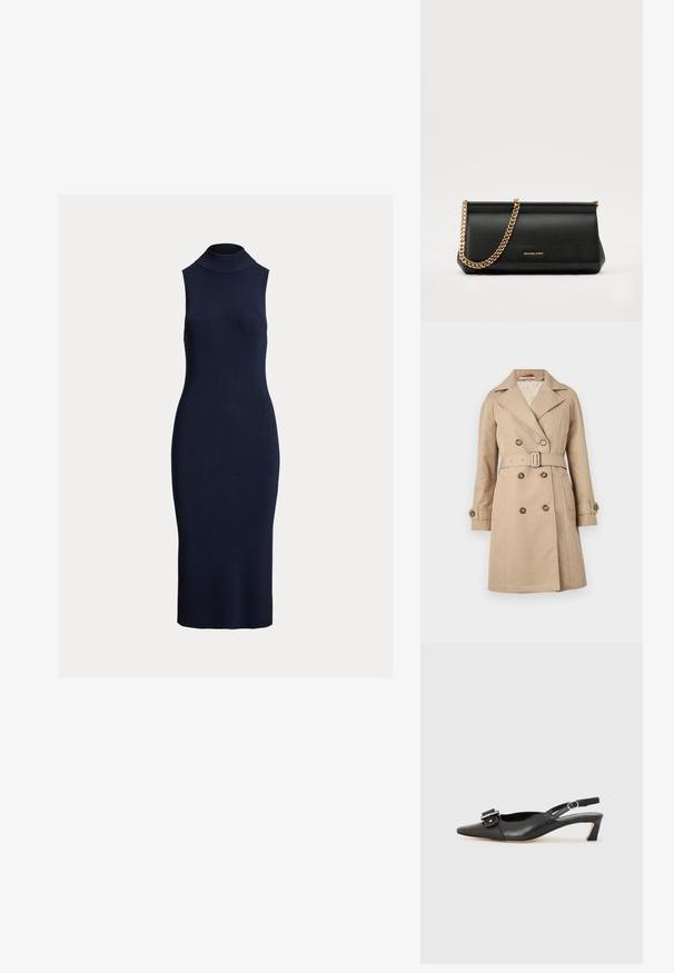 Manteau beige avec un design croisé, de larges revers, une taille ceinturée et des poignets boutonnés ; fabriqué à partir d'un tissu lisse.; Robe sans manches côtelée bleu marine avec un col haut et une silhouette ajustée, fabriquée à partir d'un matériau en tricot texturé.; Chaussure slingback en cuir noir avec un bout pointu, un petit talon et un détail de boucle décoratif sur le dessus. Texture lisse, design minimaliste.; Sac à main en cuir noir avec une bandoulière en chaîne dorée, présentant une texture lisse, une forme rectangulaire et une marque embossée à l'avant.