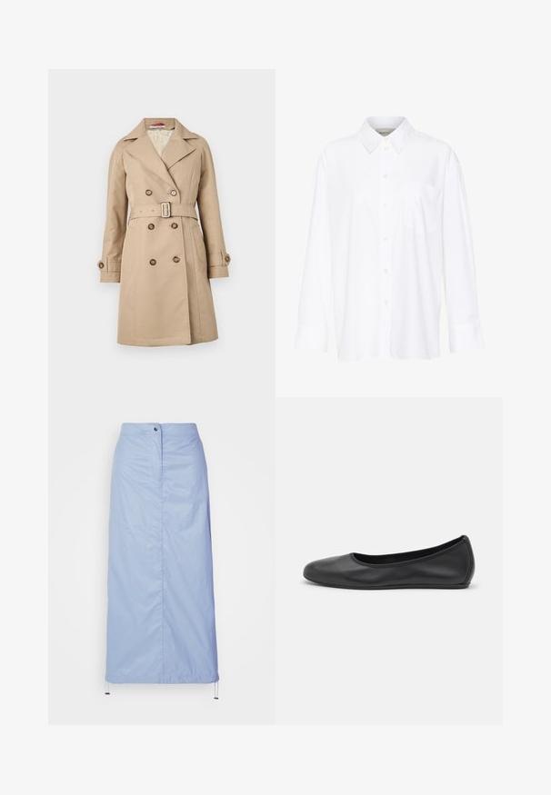 Beiger Trenchcoat mit einem doppelt knöpfbaren Design, breiten Revers, tailliertem Gürtel und geknöpften Manschetten; aus einem glatten Stoff gefertigt.; Weißes Langarmhemd mit Kragen aus Baumwolle. Verfügt über eine durchgehende Knopfleiste und eine Brusttasche. Glatte Textur, lockere Passform.; Helleblaue Midilänge-Rock aus glattem, leichtem Material mit geradem Schnitt, verfügt über eine Knopfverschluss vorne und einen Kordelzugsaum.; Schwarze Leder-Ballettschuhe mit abgerundeter Spitze, glatter Textur, minimalen Nähdetails und einem flexiblen Sohlen-Design.