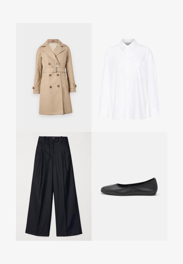 Beige trench coat with a double-breasted design, broad lapels, belted waist, and buttoned cuffs; made from a smooth fabric.; White long-sleeve collared shirt made of cotton. Features a button-down front and a single chest pocket. Smooth texture, relaxed fit.; Black wide-leg trousers made of smooth fabric, featuring a high waist, pleats, and a tailored design. Simple black hardware at the waist.; Black leather ballet flat with a rounded toe, smooth texture, minimal stitching detail, and a flexible sole design.