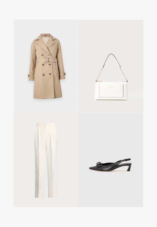 Beige esőkabát dupla soros kivitelben, széles hajtókákkal, övvel a deréknál és gombos mandzsettákkal; sima anyagból készült.; Fehér ujjatlan pulóver sima pamutból, bordás szegéllyel és kis sötétkék logóval a bal alsó részen. Egyszerű dizájn, minta nélkül.; Polo Ralph Lauren HEMP WIDE LEG PANT - Nadrágok - nevis; Fekete bőr szandál kis sarkú, hegyes orral, díszes csattal a felsőrészen. Simább textúra, minimalista design.; Fehér bőr kézitáska, texturált felülettel, arany lánccal és fekete részletekkel. Elülső zsebbel és cipzáros zárással rendelkezik.