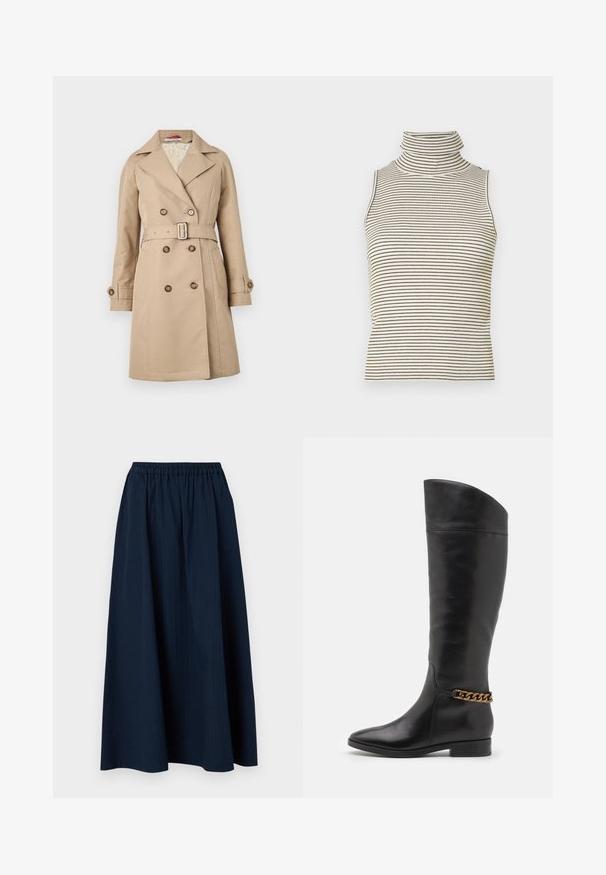 Bēšas krāsas trenčkotam ar divrindu dizainu, platām atloks, josta viduklī un pogām aprocēs; izgatavots no gludas auduma.; Bez piedurknēm, augsta izgriezuma topiņš ar vertikālām melnbaltām svītrām, izgatavots no teksturēta adīta auduma, ar augstu, pieguļošu apkakli.; Tumši zils, pilna garuma svārki, izgatavoti no tekstūras auduma ar elastīgu jostu un smalkām vertikālām svītrām.; Augstas melnas ādas zābaki ar plūstošu dizainu, pointētām purngalēm un zelta ķēdes akcentu ap potīti. Zems bloku papēdis. Gluda tekstūra.