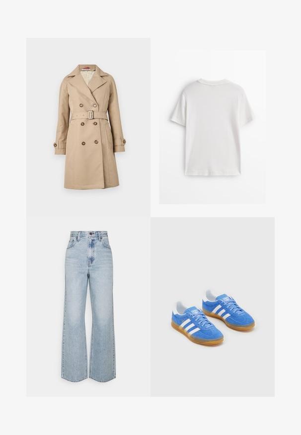 béžový trenčkot s dvouřadovým zapínáním, širokými klopami, pásem v pase a knoflíkovými manžetami; vyrobený z hladkého materiálu.; Bílé bavlněné tričko s krátkými rukávy, kulatým výstřihem a hladkou texturou. Zadní strana je jednoduchá bez dalších vzorů nebo designů.; Světle modré džíny s širokými nohavicemi, vysokým pasem, klasickým designem s pěti kapsami a kontrastním prošíváním. Na spodním okraji je detail s obřezaným lemem.; Modré semišové sportovní boty s bílými pruhovanými akcenty, gumovou podrážkou a polstrovaným límcem pro pohodlí. Obsahují klasický design na šněrování.