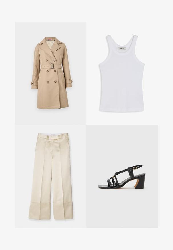 Beige trench coat with a double-breasted design, broad lapels, belted waist, and buttoned cuffs; made from a smooth fabric.; White tank top made of smooth fabric, featuring a round neckline and wide shoulder straps, with a label inside reading "IVY OAK."; Beige wide-leg trousers in smooth fabric with a high waistband, pleated front, and folded hem, featuring side pockets and a clean finish.; Paul Smith AMIRA - Classic heels - black