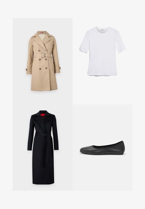 Beige trench coat with a double-breasted design, broad lapels, belted waist, and buttoned cuffs; made from a smooth fabric.; White short-sleeve t-shirt made of ribbed fabric. Round neckline, regular fit, and subtle stitching details. No patterns or graphics.; Black trench coat with long sleeves, wrap design, and matching belt. Made of smooth fabric, features a notched collar and side pockets.; Black leather ballet flat with a rounded toe, smooth texture, minimal stitching detail, and a flexible sole design.